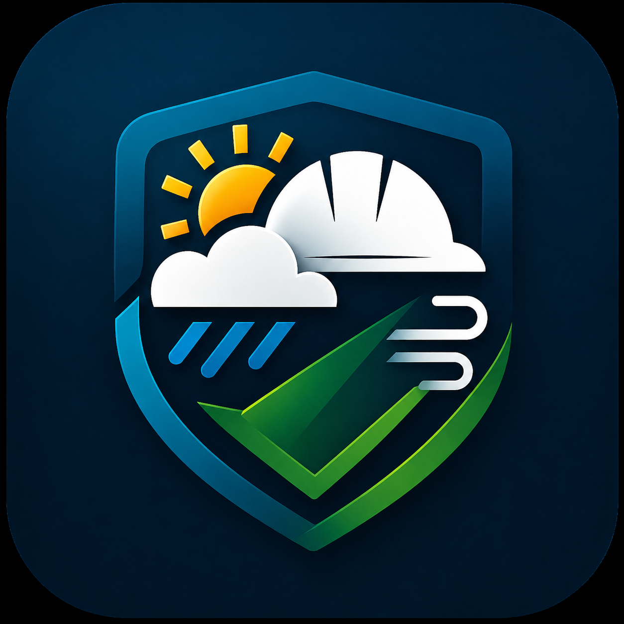 Icono de MeteoPRL con casco, sol, nubes, lluvia y viento dentro de un escudo